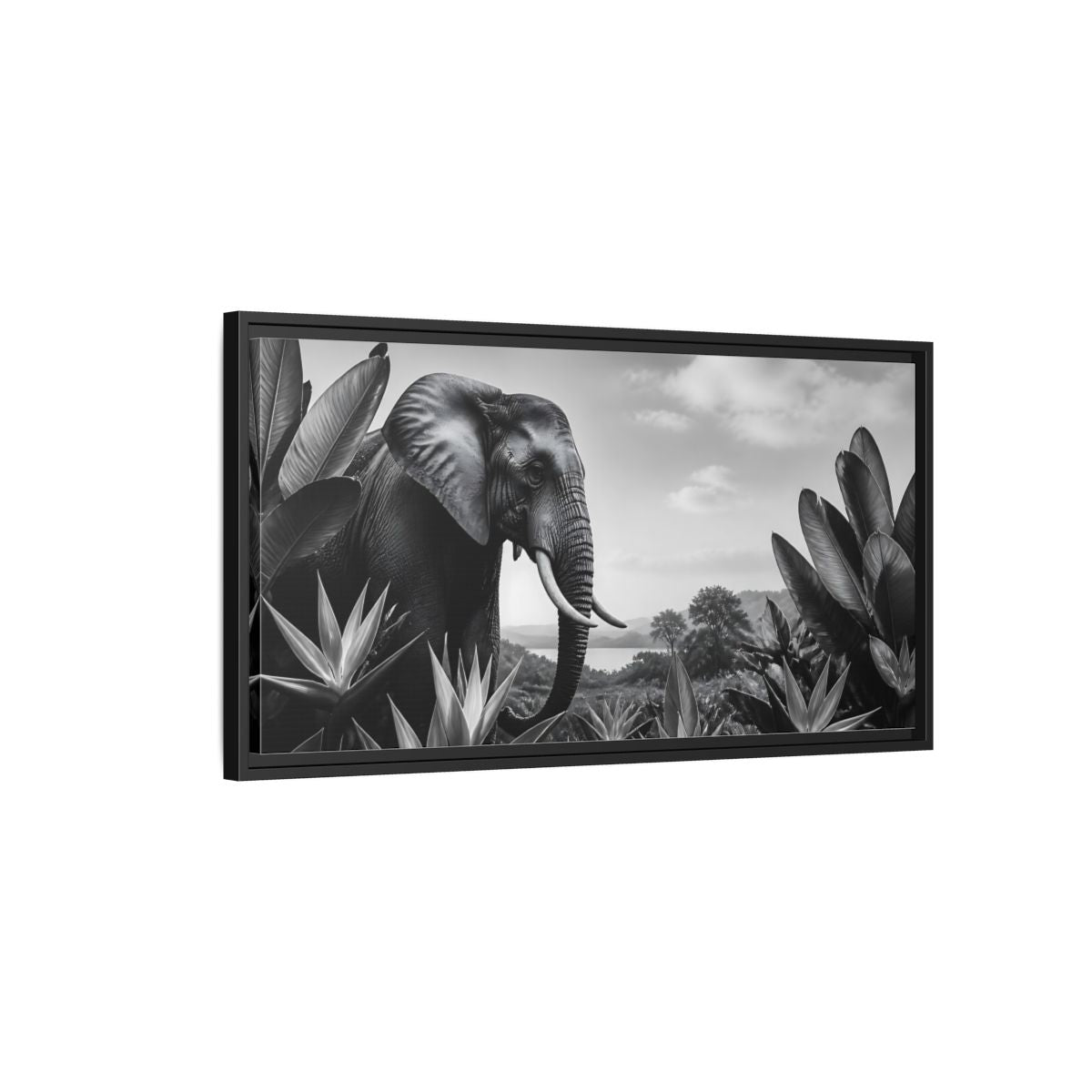 Side Mockup 2. Animals Elephant Monochrome Elephant shown as stretched canvas wall art