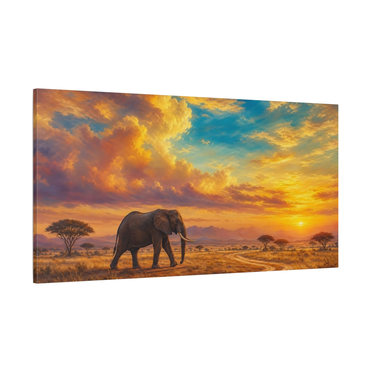 Side Mockup 2. Animals Elephant Orange And Blue shown as stretched canvas wall art