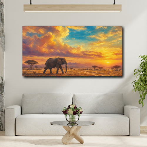 Mockup 2. Animals Elephant Orange And Blue shown as stretched canvas wall art
