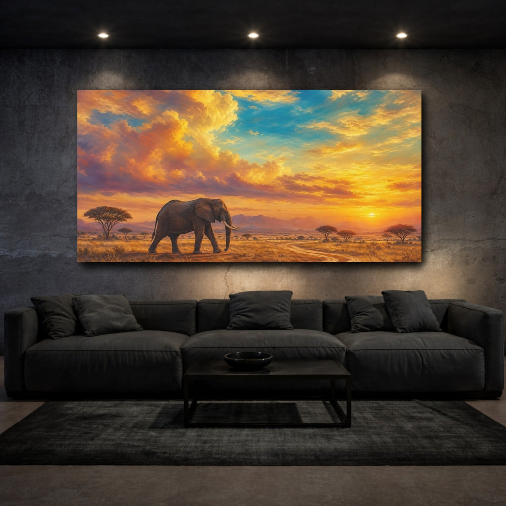 Mockup 3. Animals Elephant Orange And Blue shown as stretched canvas wall art