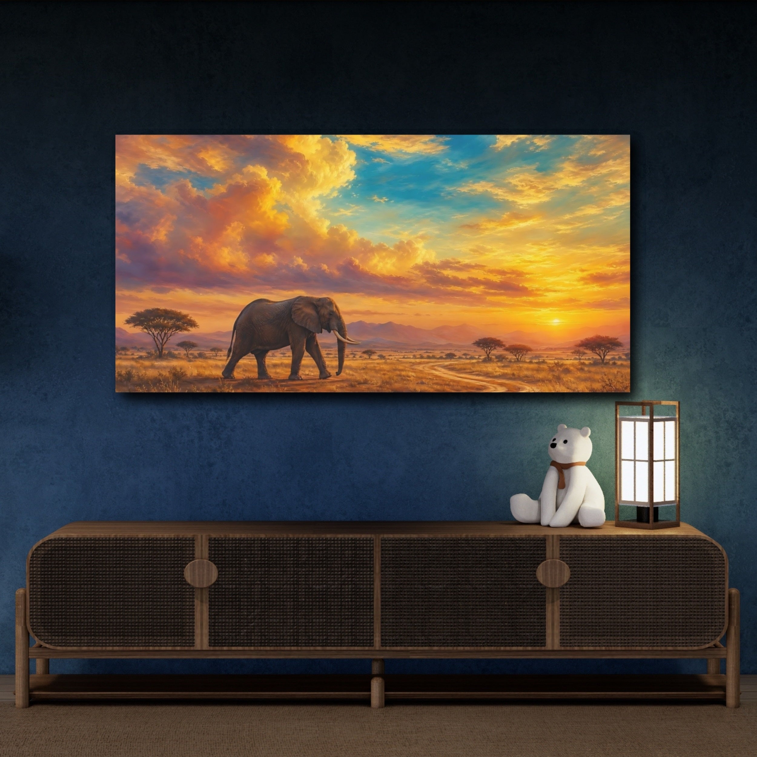 Mockup 4. Animals Elephant Orange And Blue shown as stretched canvas wall art