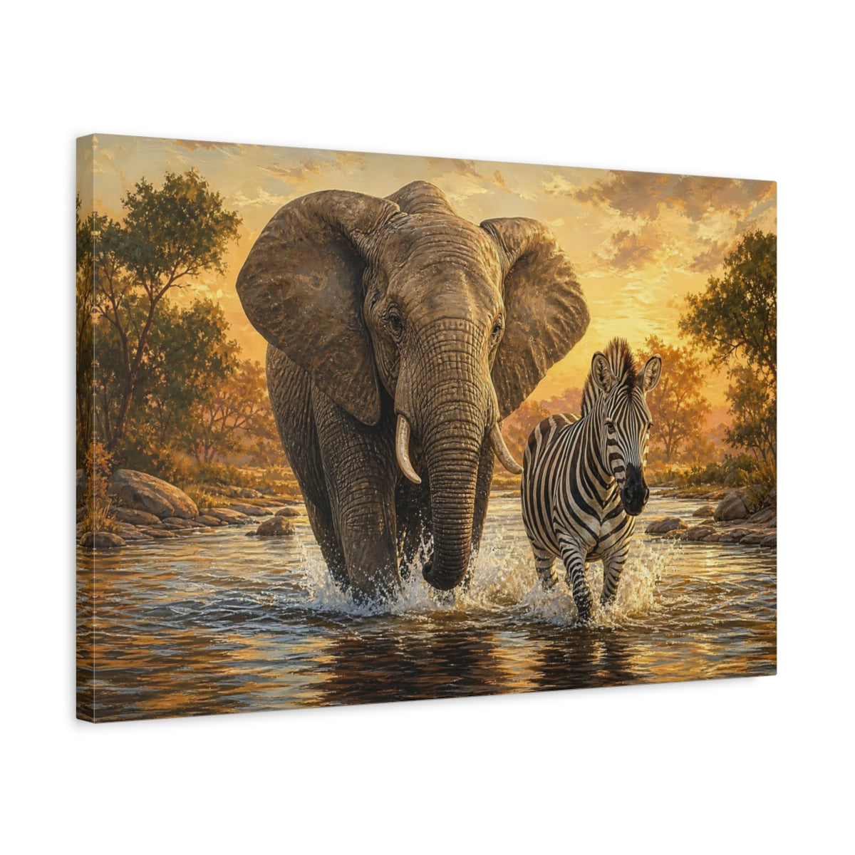 Side Mockup 3. Animals Elephant, Zebra Golden Sunset Wildlife shown as canvas print