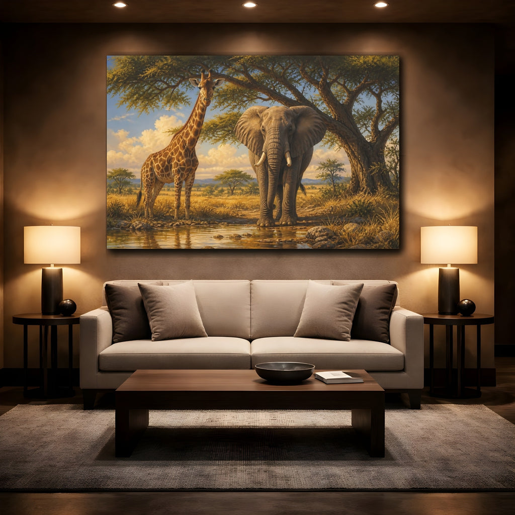 Mockup 2. Animals Elephant, Giraffe African Animals shown as canvas print