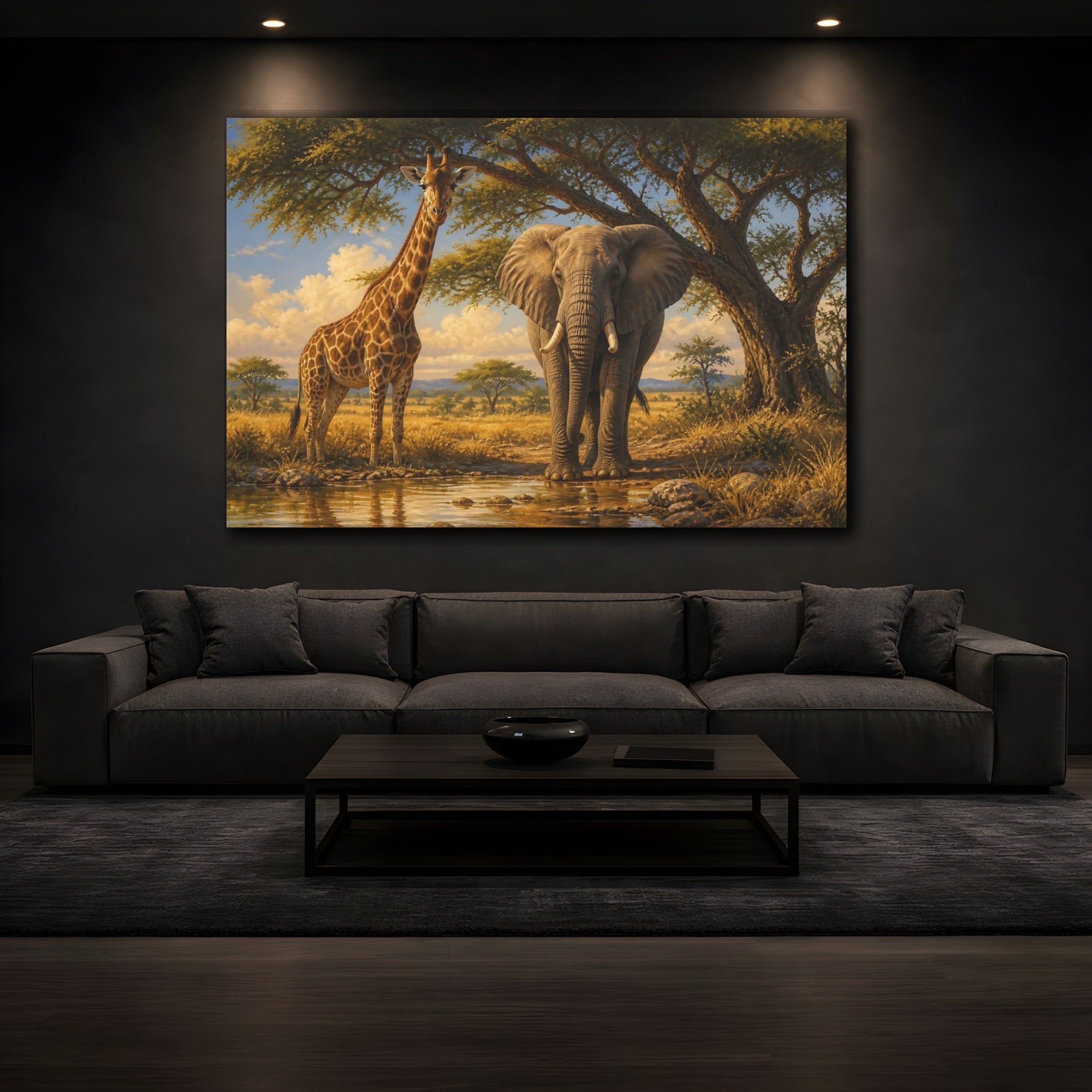 Mockup 3. Animals Elephant, Giraffe African Animals shown as canvas print
