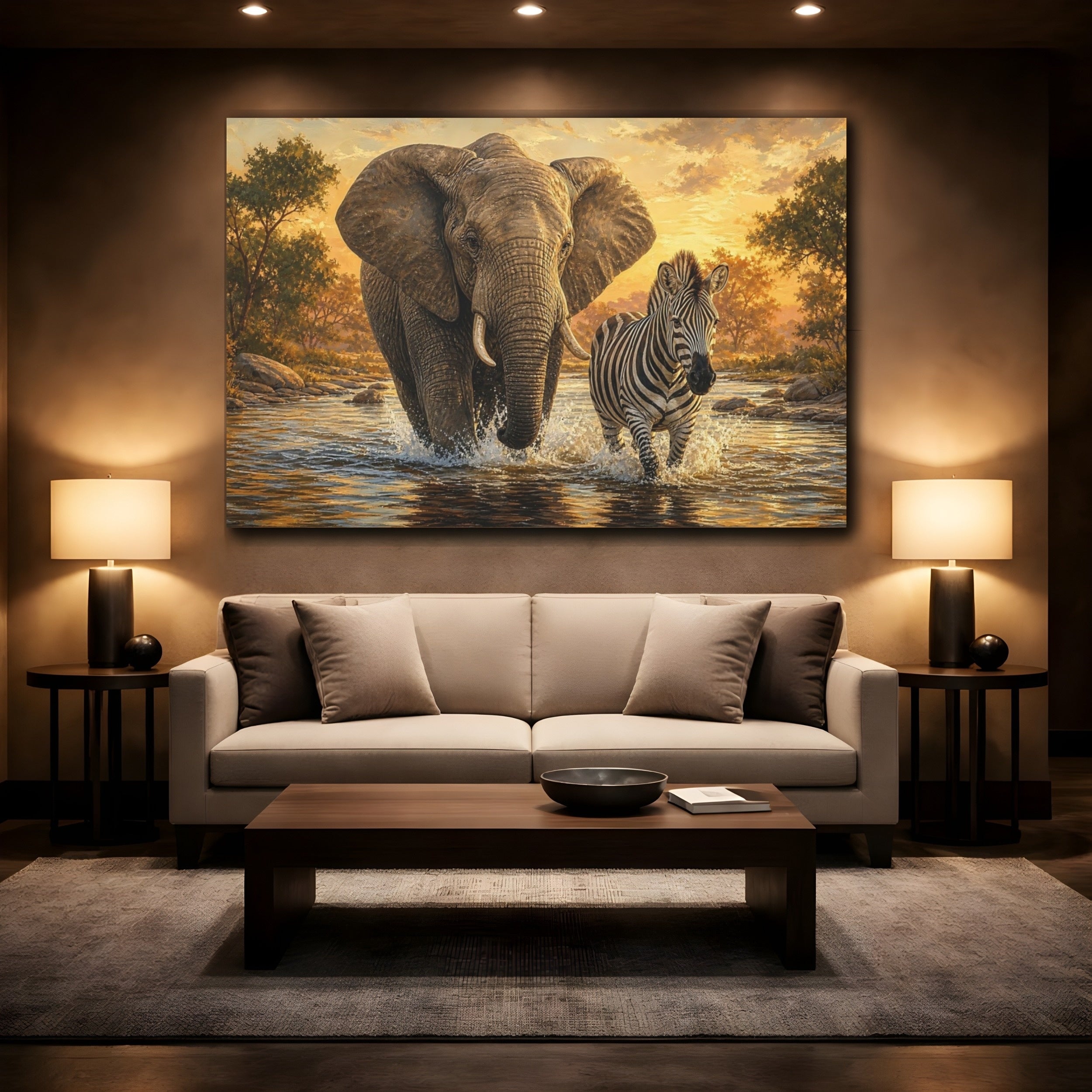 Mockup 2. Animals Elephant, Zebra Golden Sunset Wildlife shown as canvas print
