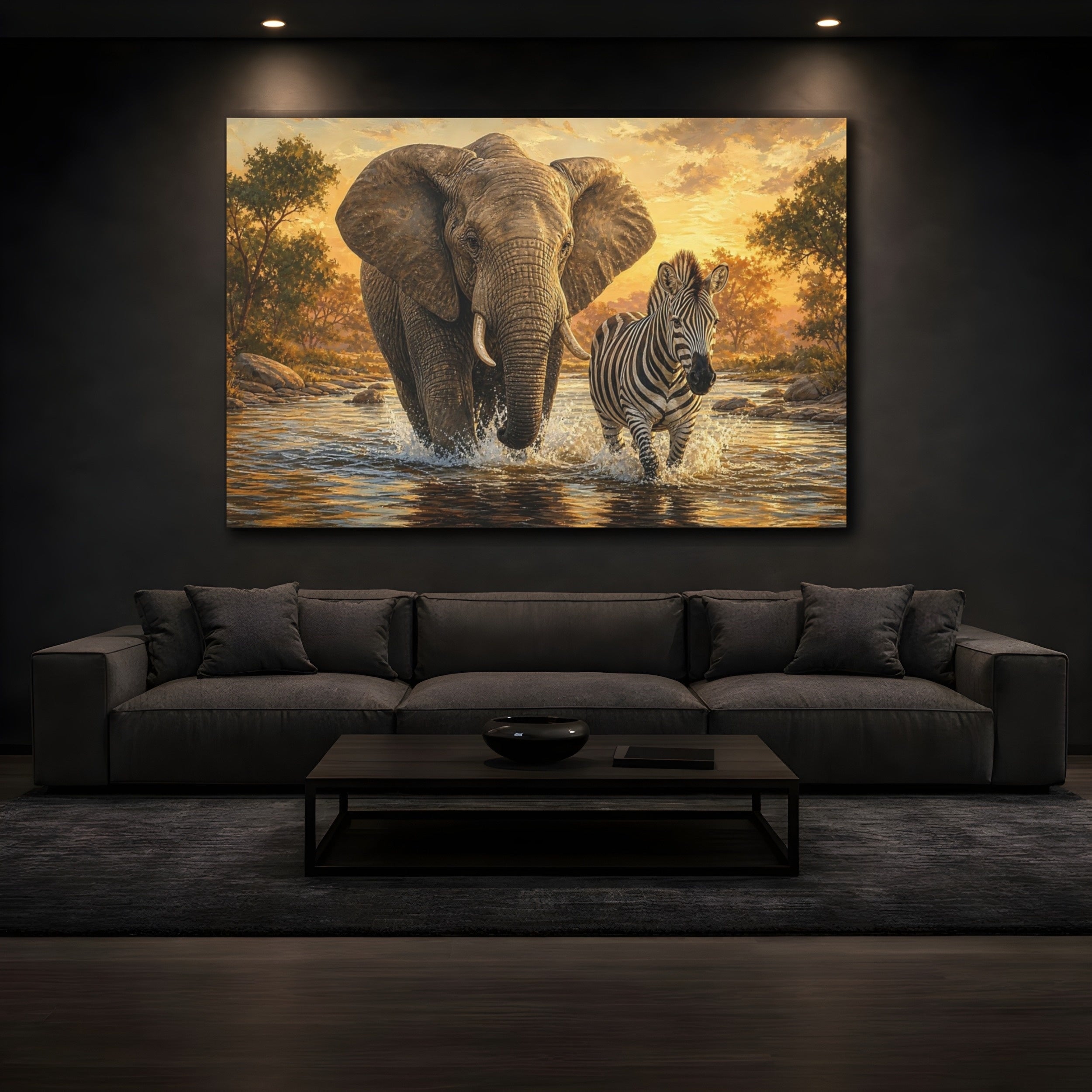 Mockup 3. Animals Elephant, Zebra Golden Sunset Wildlife shown as canvas print