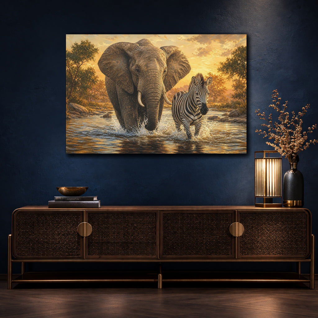 Mockup 4. Animals Elephant, Zebra Golden Sunset Wildlife shown as canvas print