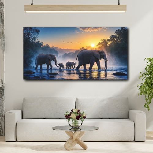 Mockup 2. Animals Elephants Elephant Family Sunset shown as stretched canvas wall art