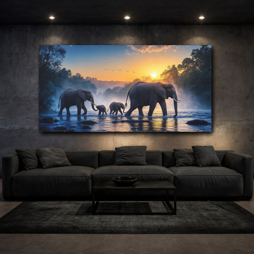 Mockup 3. Animals Elephants Elephant Family Sunset shown as stretched canvas wall art