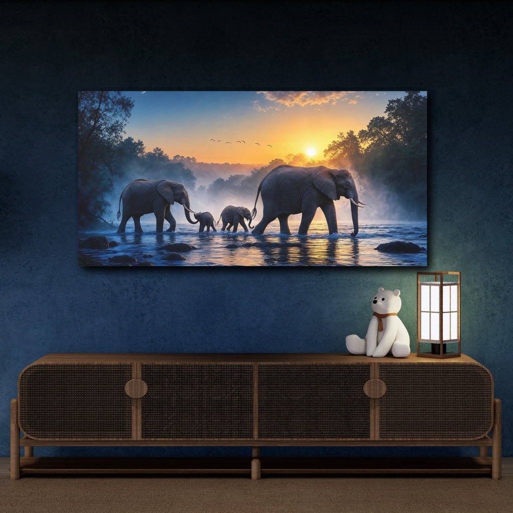 Mockup 4. Animals Elephants Elephant Family Sunset shown as stretched canvas wall art