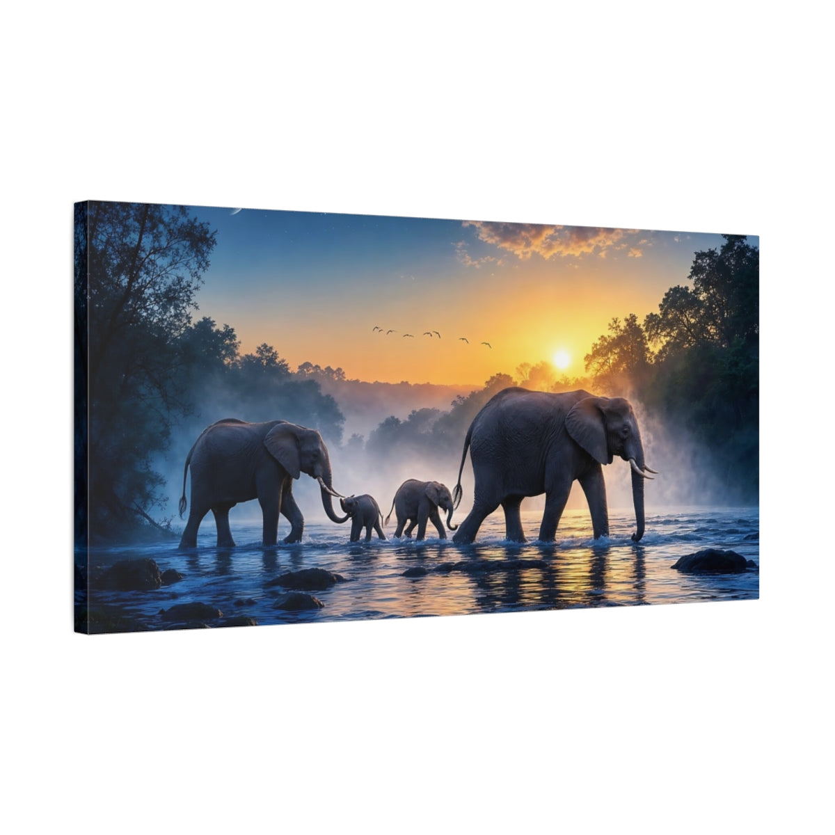 Side Mockup 1. Animals Elephants Elephant Family Sunset shown as stretched canvas wall art