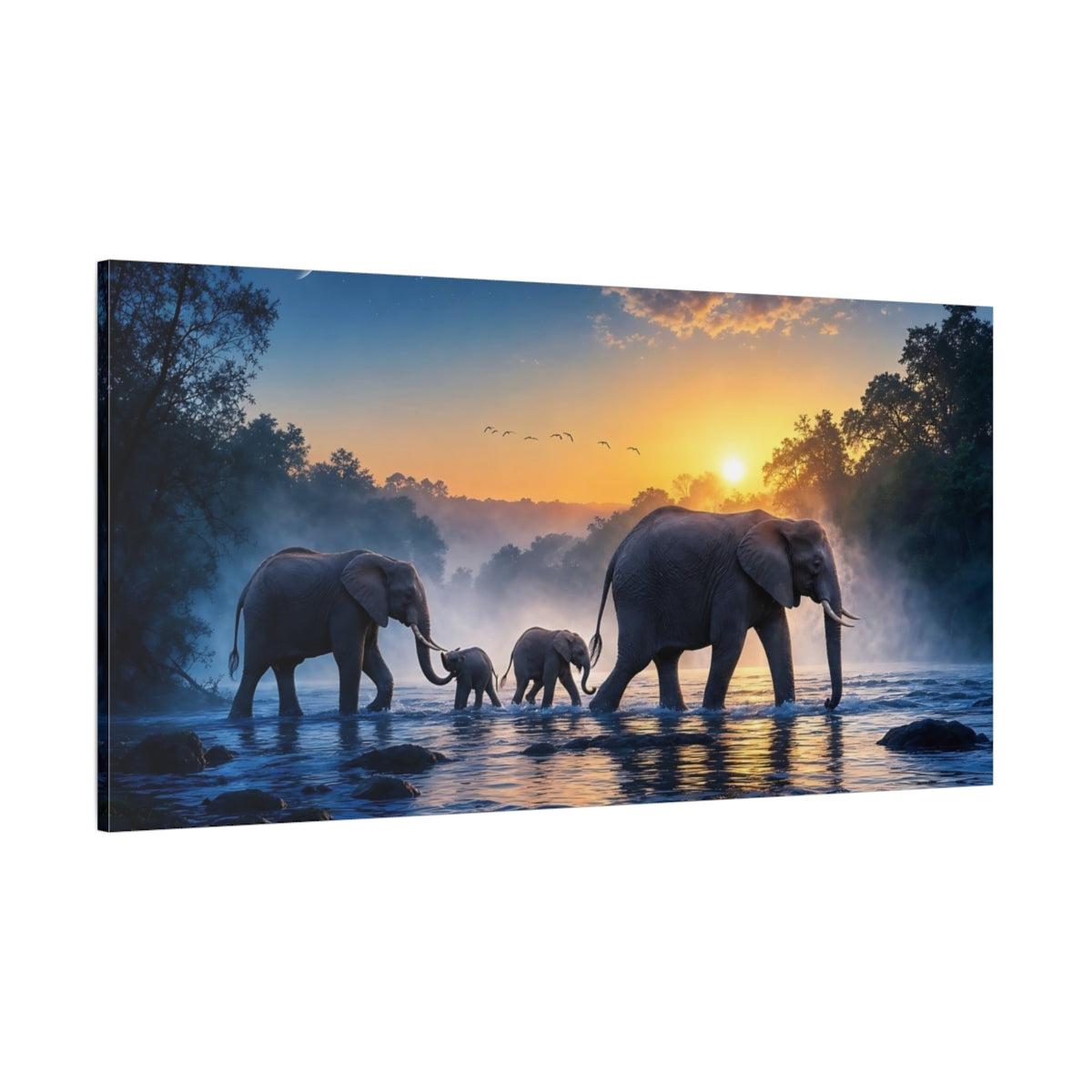 Side Mockup 2. Animals Elephants Elephant Family Sunset shown as stretched canvas wall art