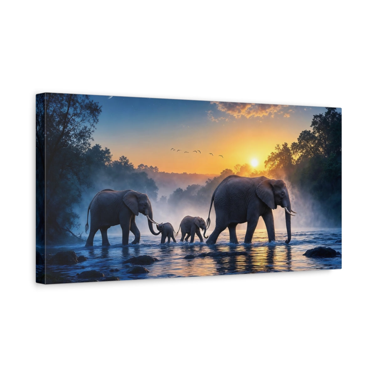 Side Mockup 3. Animals Elephants Elephant Family Sunset shown as stretched canvas wall art