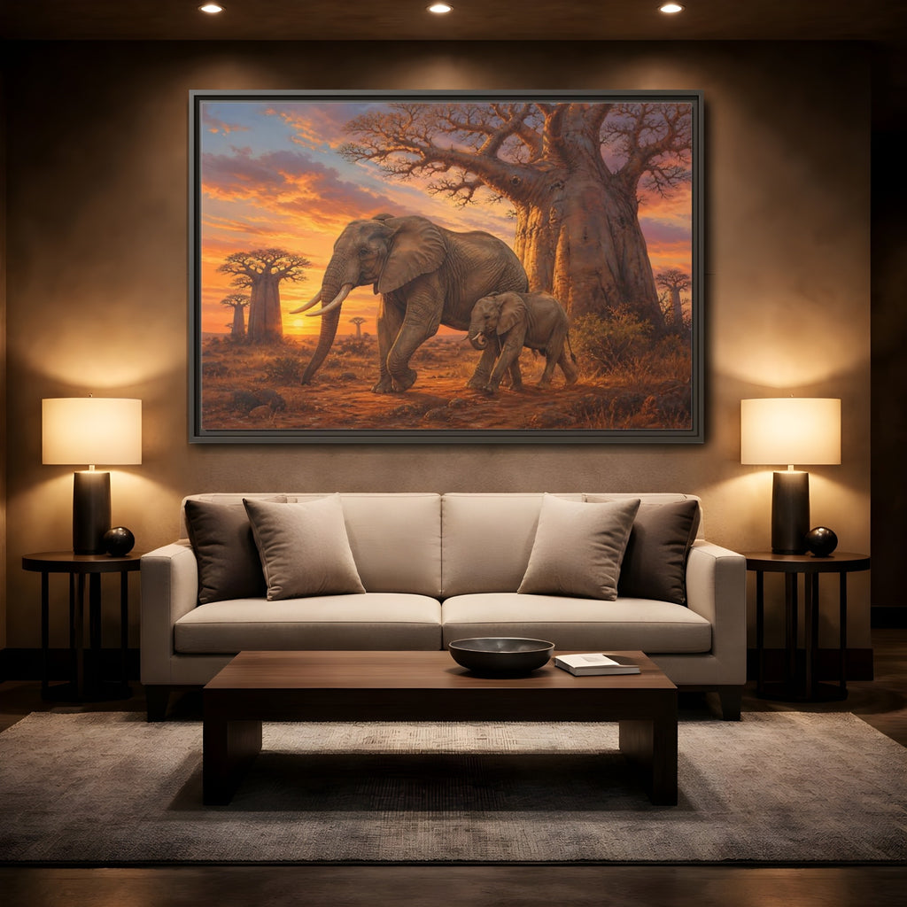Mockup 2. Animals Elephants Orange And Brown Elephants shown as stretched canvas wall art