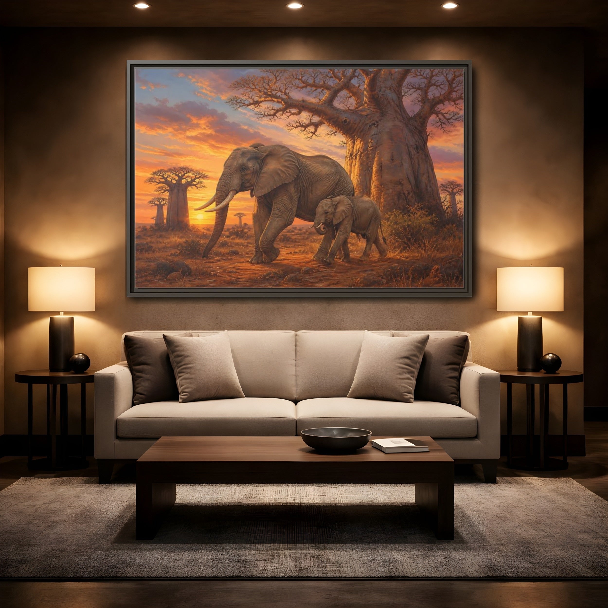 Mockup 2. Animals Elephants Orange And Brown Elephants shown as stretched canvas wall art