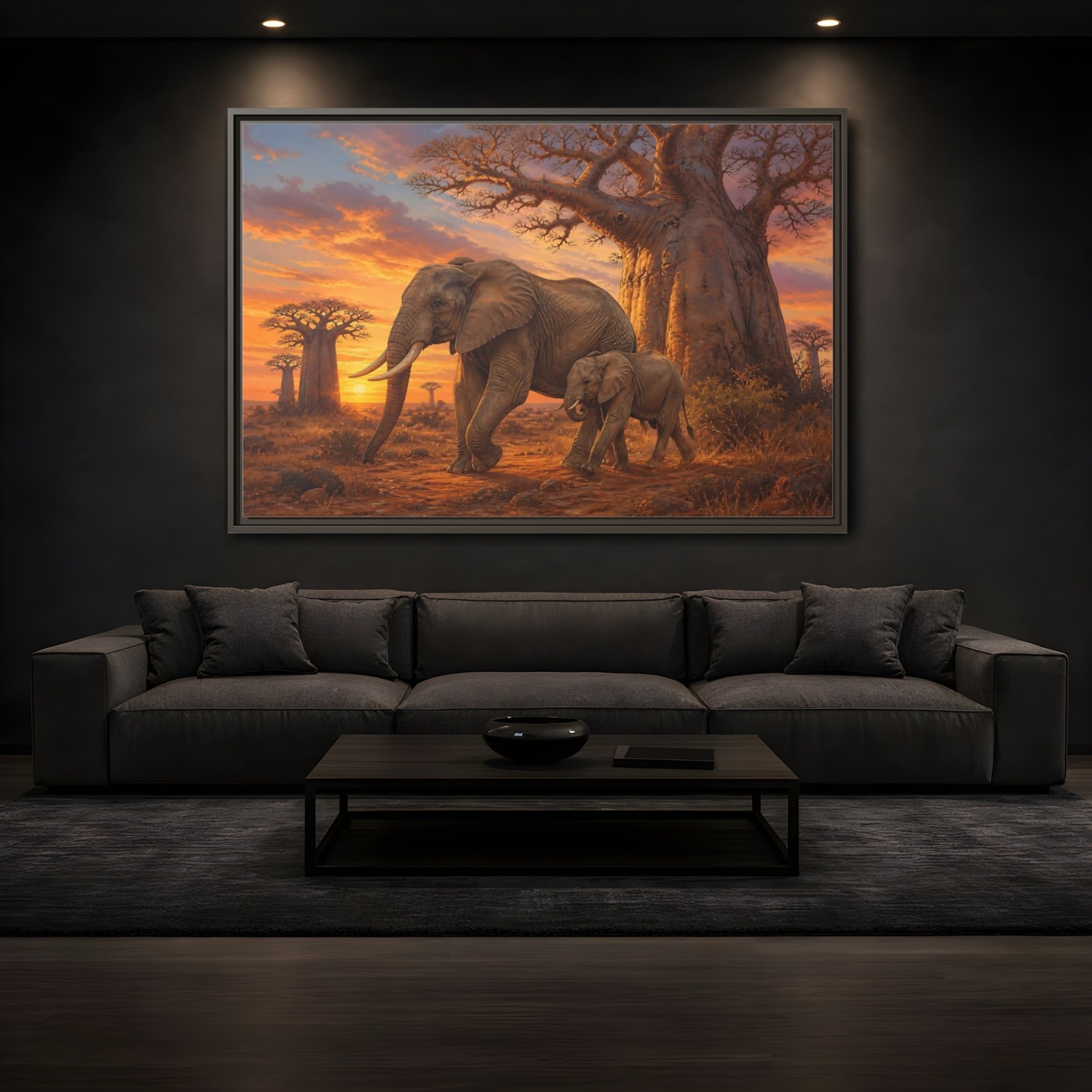 Mockup 3. Animals Elephants Orange And Brown Elephants shown as stretched canvas wall art