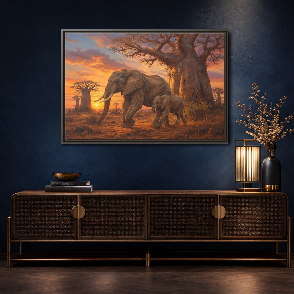 Mockup 4. Animals Elephants Orange And Brown Elephants shown as stretched canvas wall art