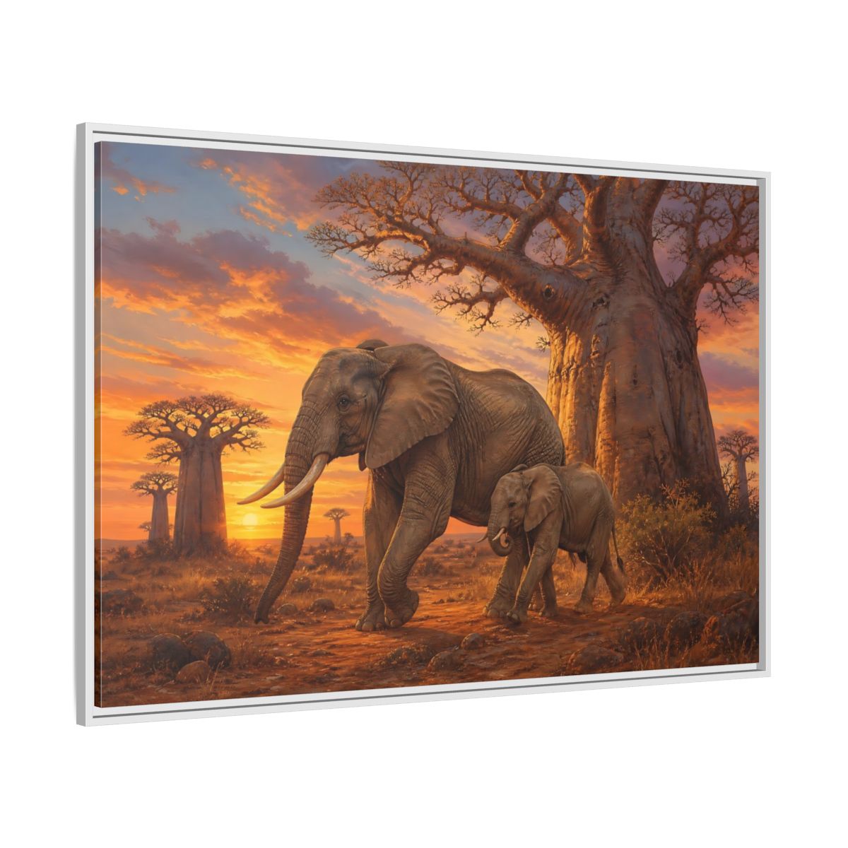 Side Mockup 7. Animals Elephants Orange And Brown Elephants shown as stretched canvas wall art