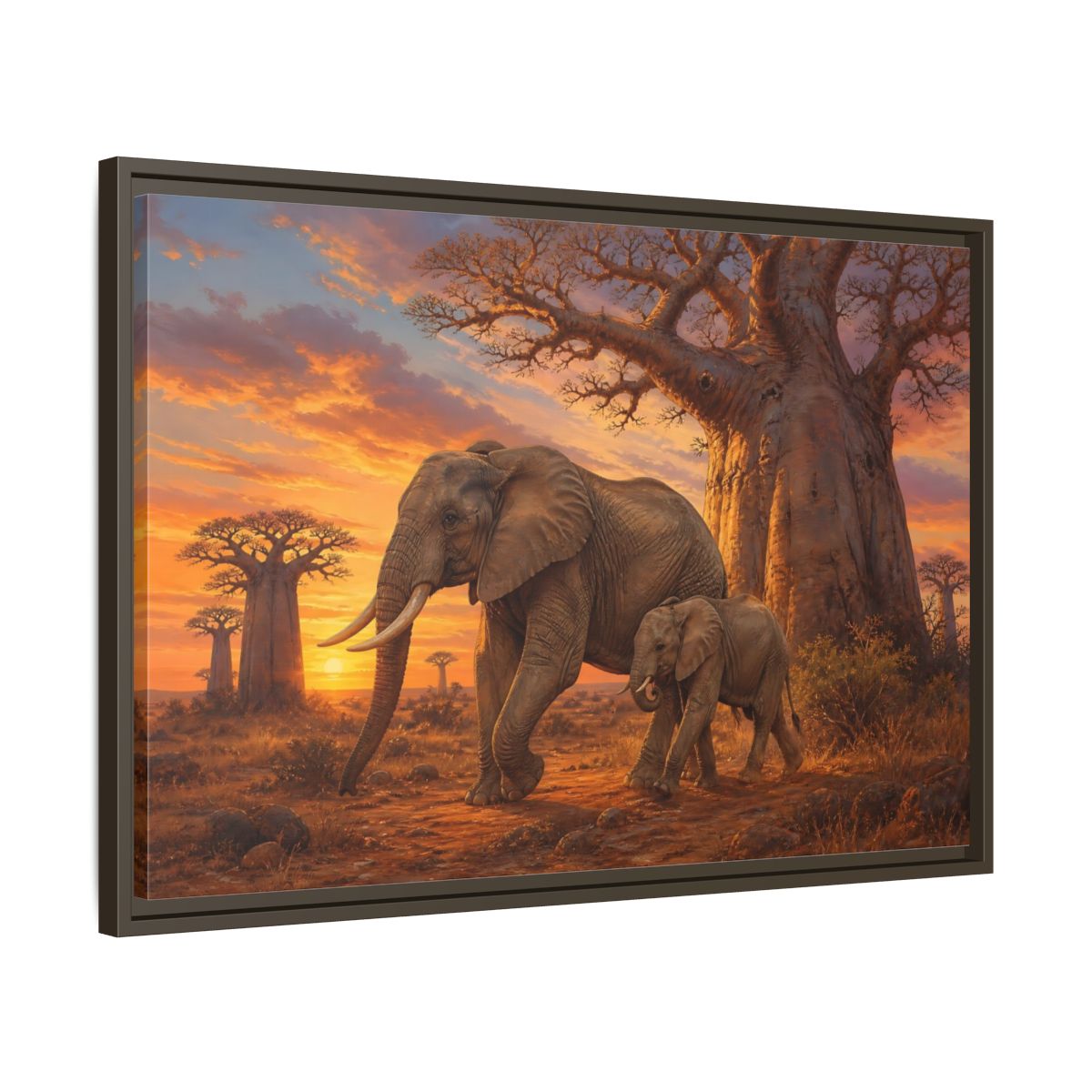 Side Mockup 11. Animals Elephants Orange And Brown Elephants shown as stretched canvas wall art