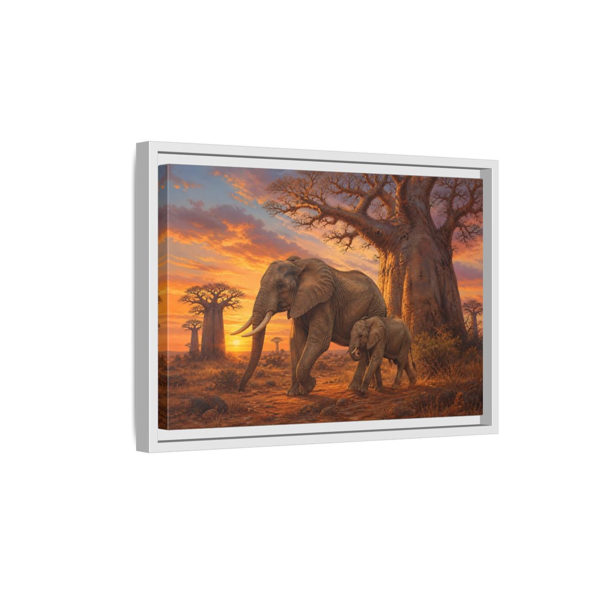 Side Mockup 4. Animals Elephants Orange And Brown Elephants shown as stretched canvas wall art