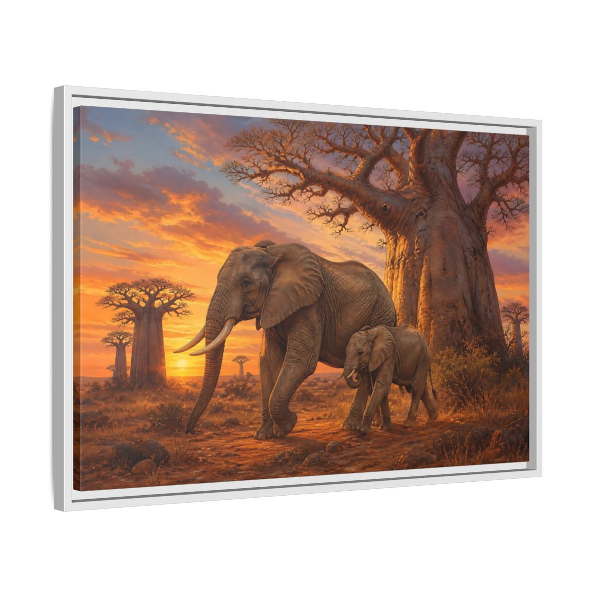 Side Mockup 10. Animals Elephants Orange And Brown Elephants shown as stretched canvas wall art