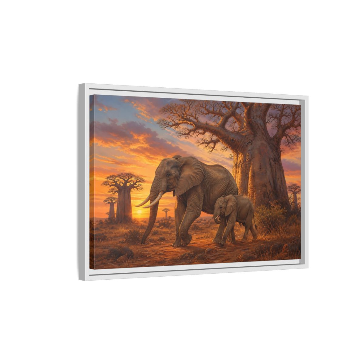 Side Mockup 1. Animals Elephants Orange And Brown Elephants shown as stretched canvas wall art