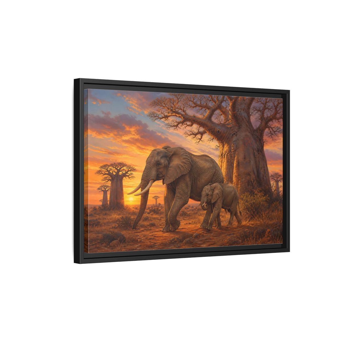 Side Mockup 3. Animals Elephants Orange And Brown Elephants shown as stretched canvas wall art