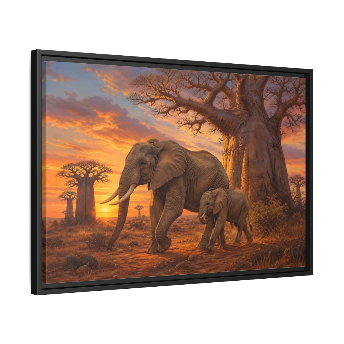 Side Mockup 14. Animals Elephants Orange And Brown Elephants shown as stretched canvas wall art