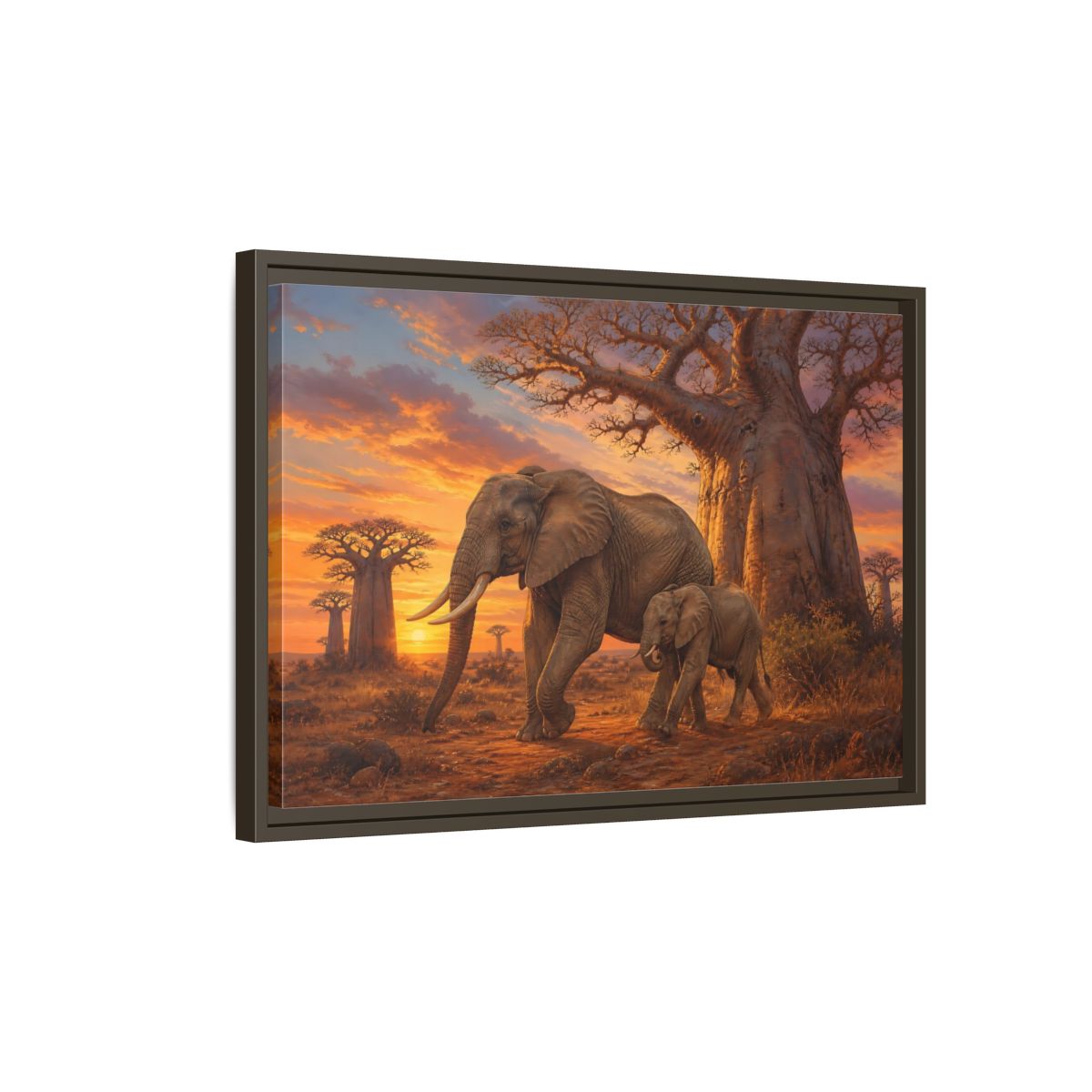 Side Mockup 2. Animals Elephants Orange And Brown Elephants shown as stretched canvas wall art