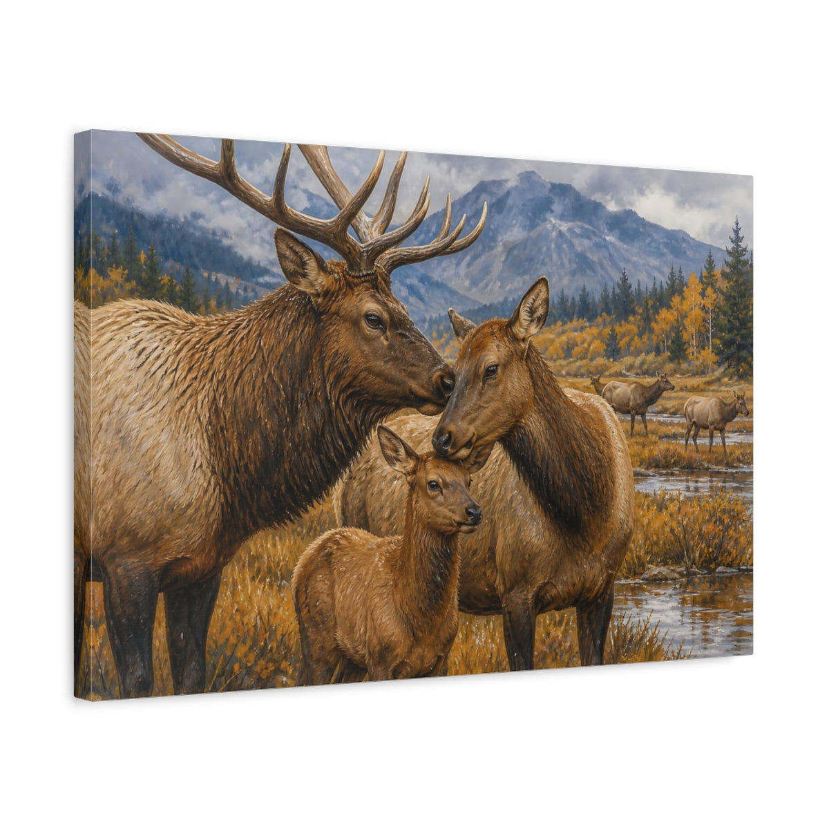 Side Mockup 3. Animals Elk Family Brown And Gold shown as stretched canvas wall art