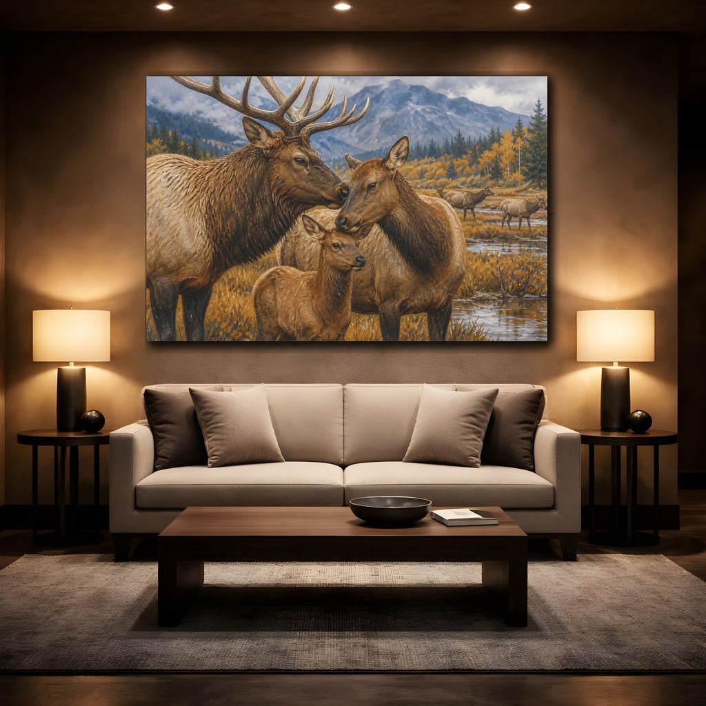 Mockup 2. Animals Elk Family Brown And Gold shown as stretched canvas wall art
