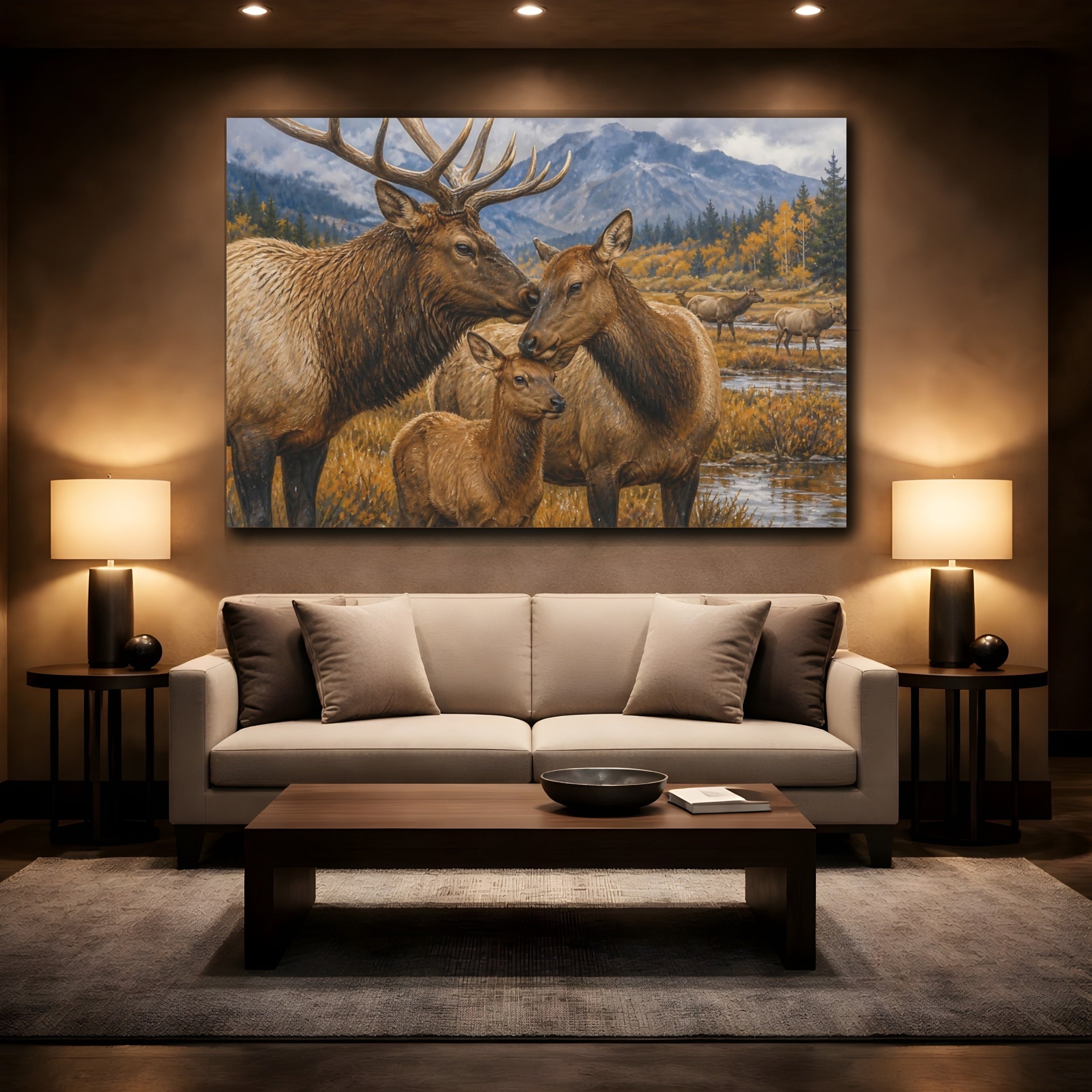 Mockup 2. Animals Elk Family Brown And Gold shown as stretched canvas wall art