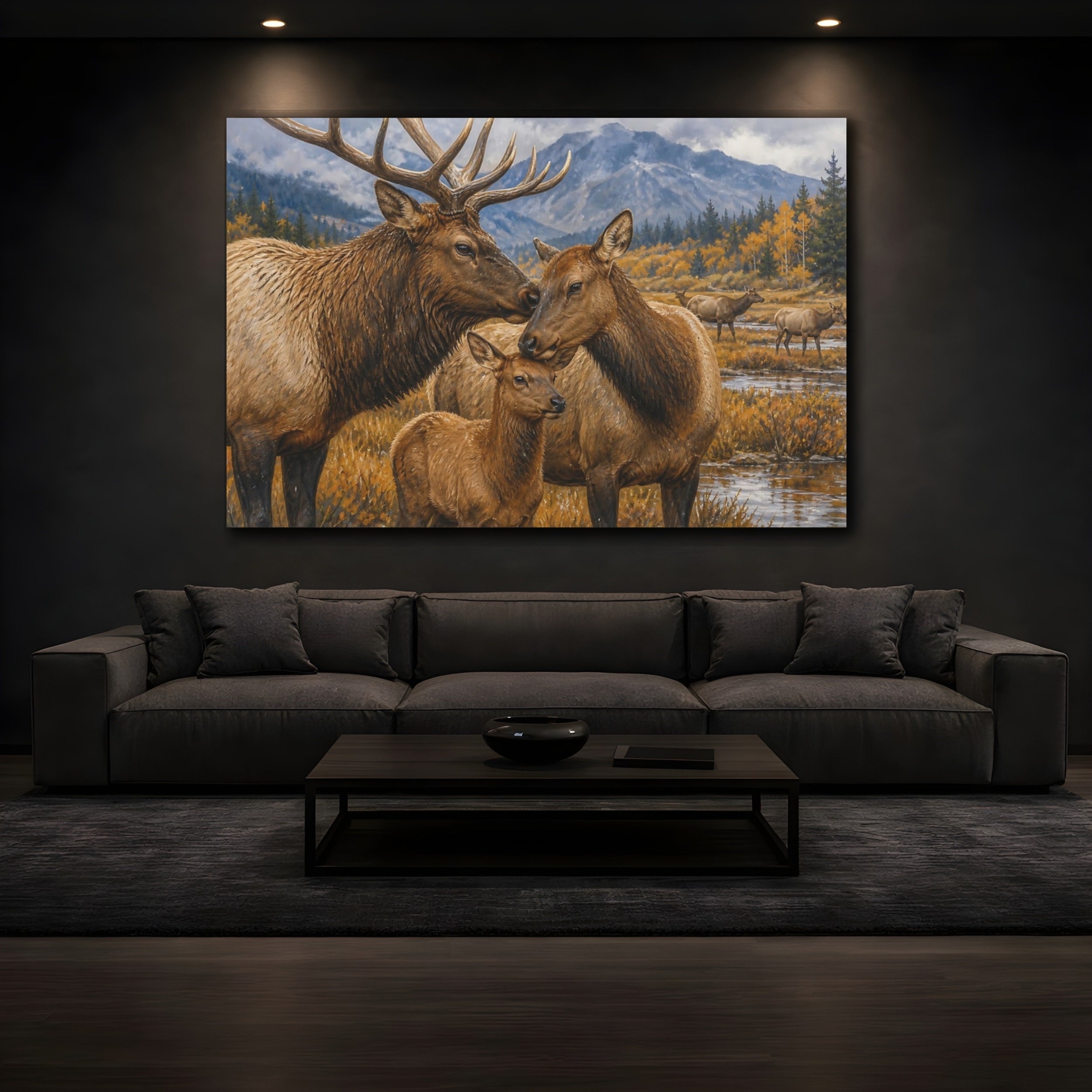 Mockup 3. Animals Elk Family Brown And Gold shown as stretched canvas wall art