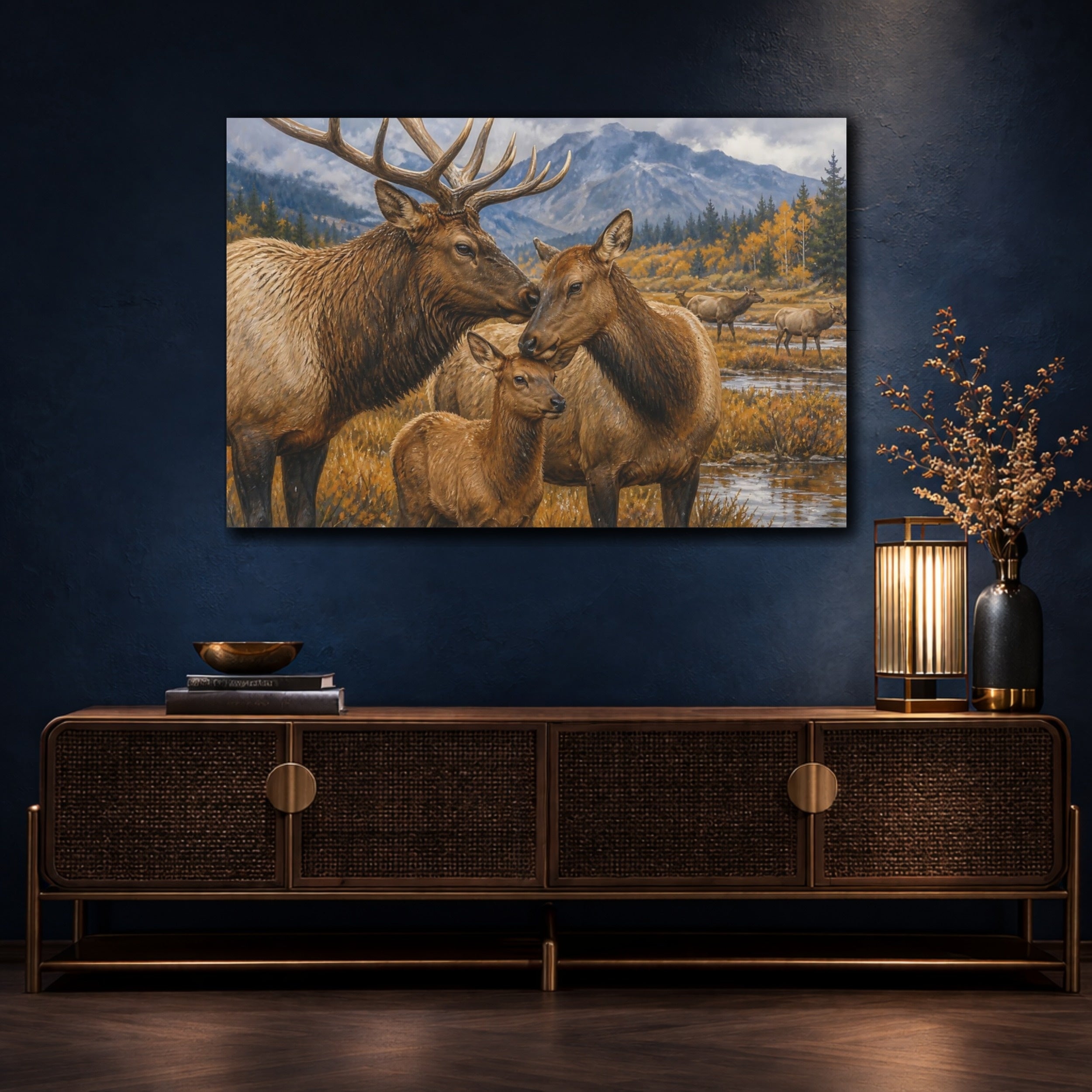 Mockup 4. Animals Elk Family Brown And Gold shown as stretched canvas wall art