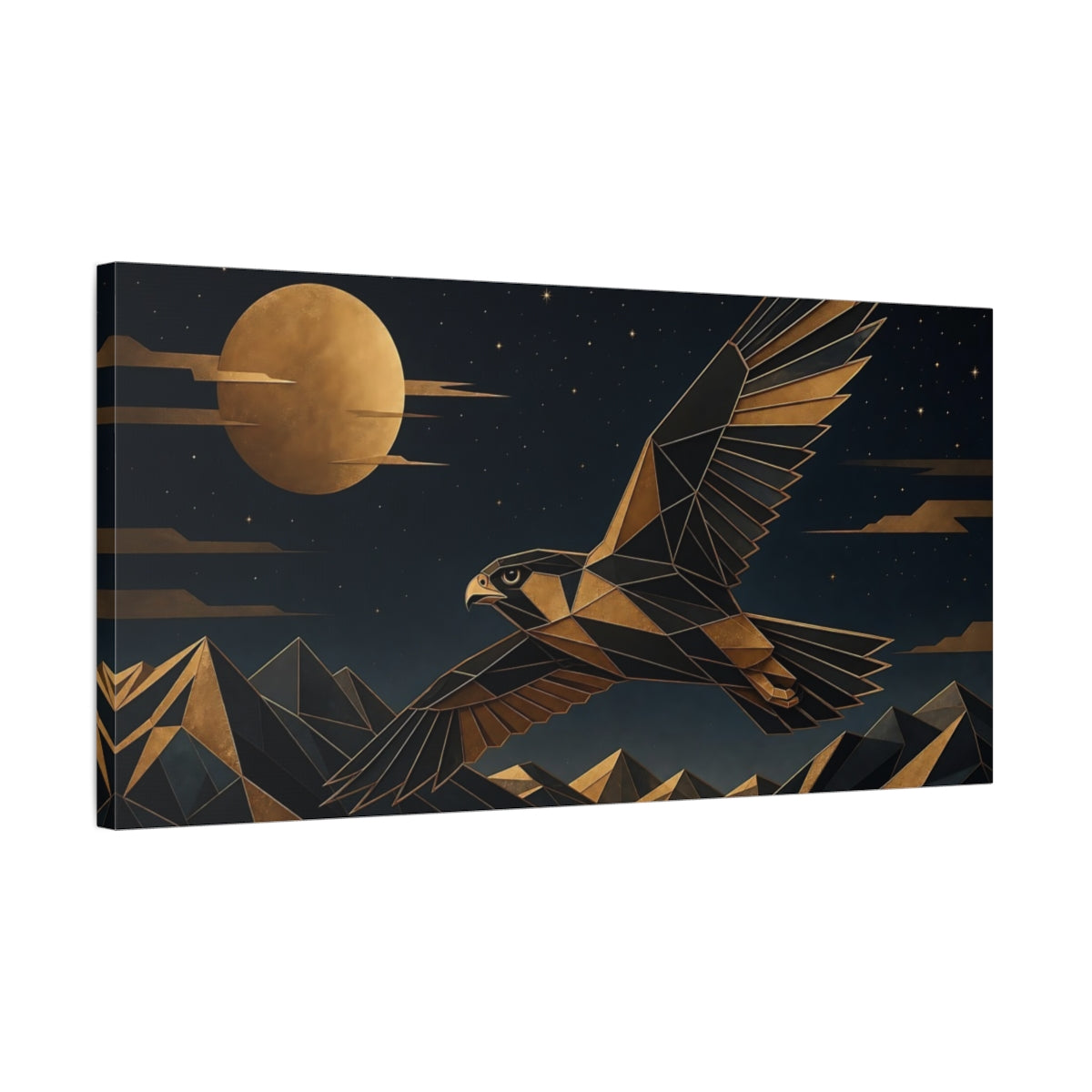 Side Mockup 1. Animals Falcon Gold And Black shown as stretched canvas wall art