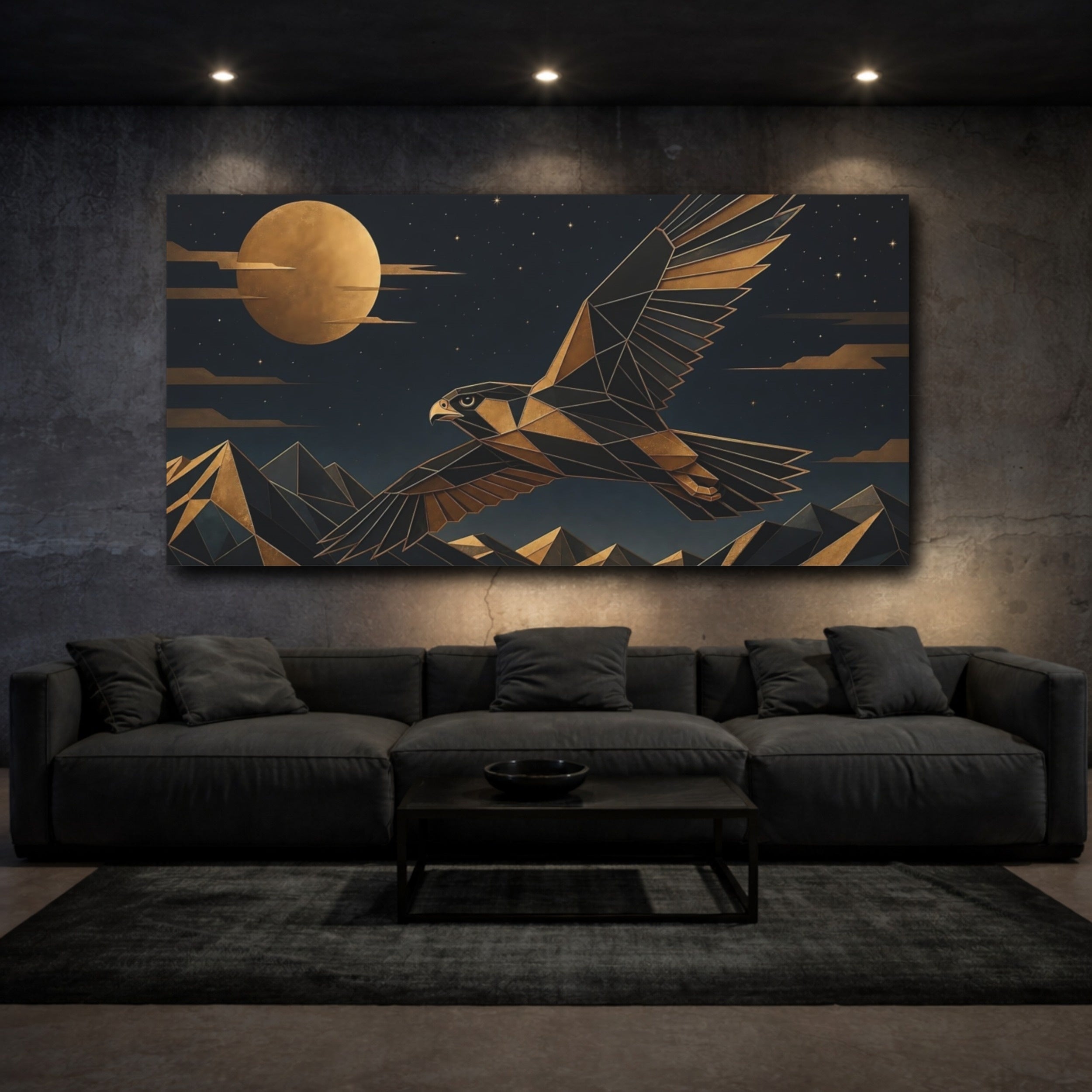Mockup 3. Animals Falcon Gold And Black shown as stretched canvas wall art