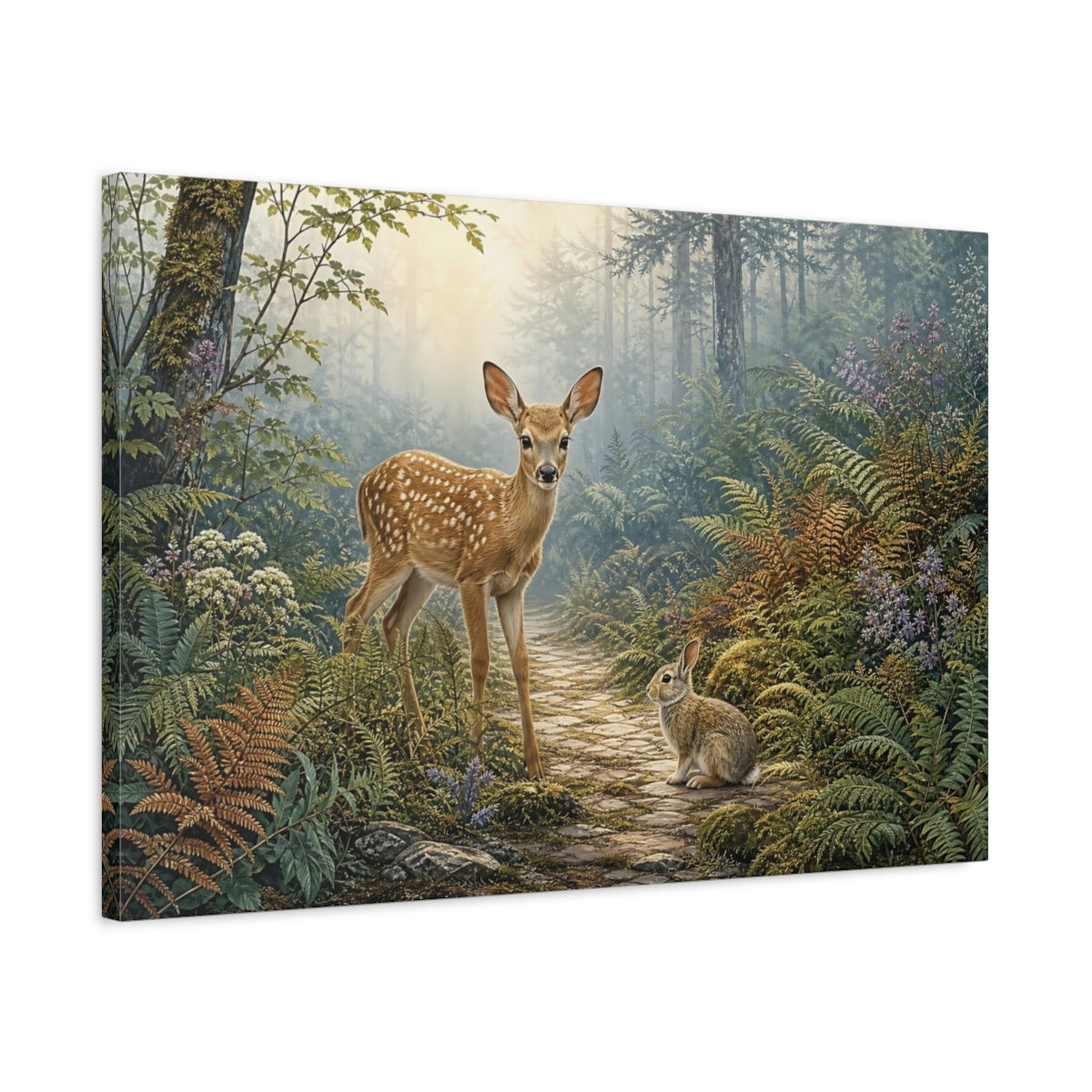 Side Mockup 2. Animals Fawn And Rabbit Misty Forest Animals shown as stretched canvas wall art
