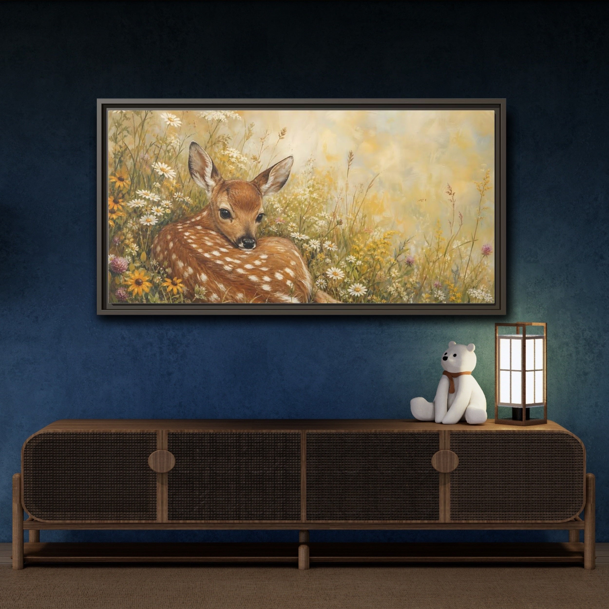 Mockup 4. Animals Fawn Brown And Yellow Fawn shown as stretched canvas wall art