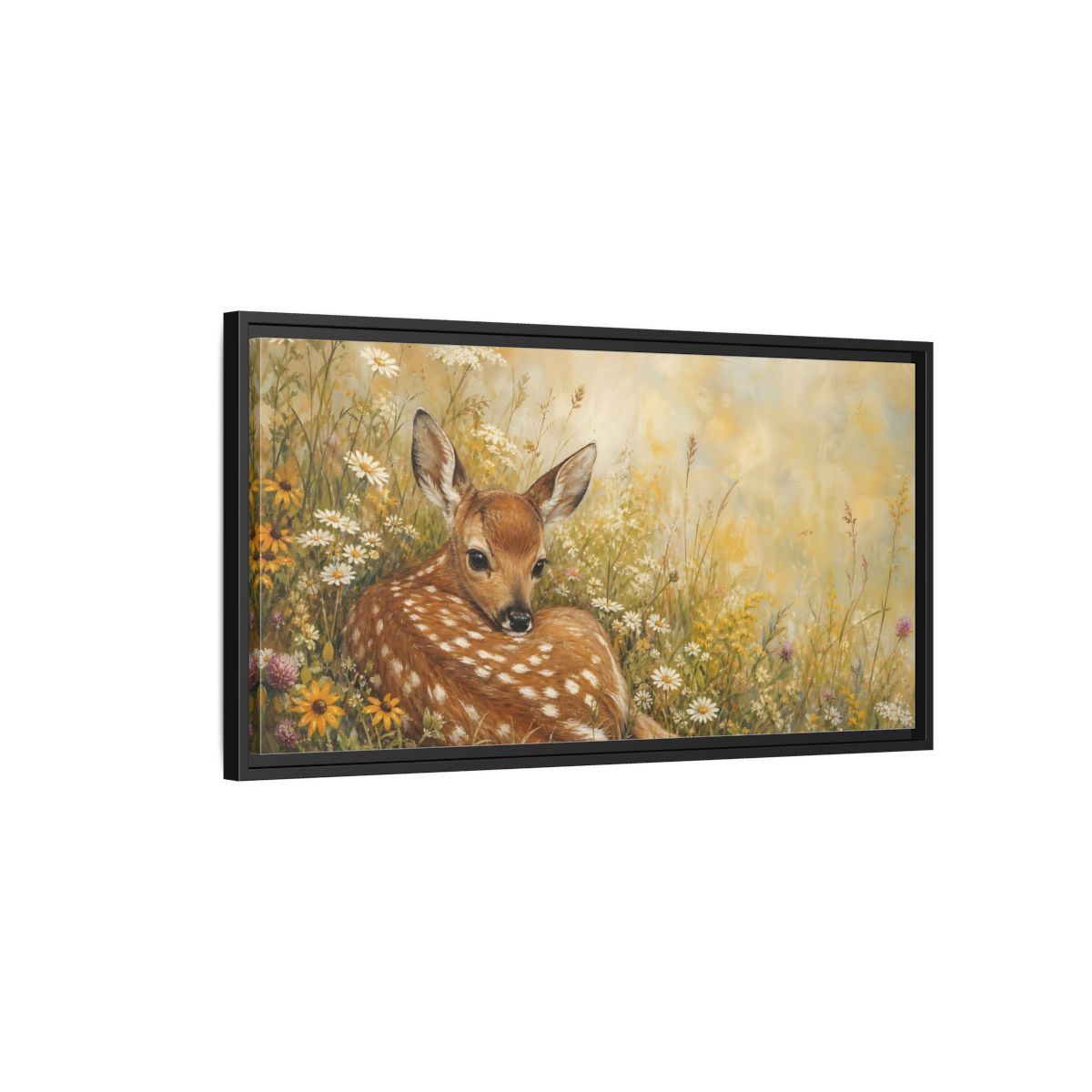 Side Mockup 2. Animals Fawn Brown And Yellow Fawn shown as stretched canvas wall art