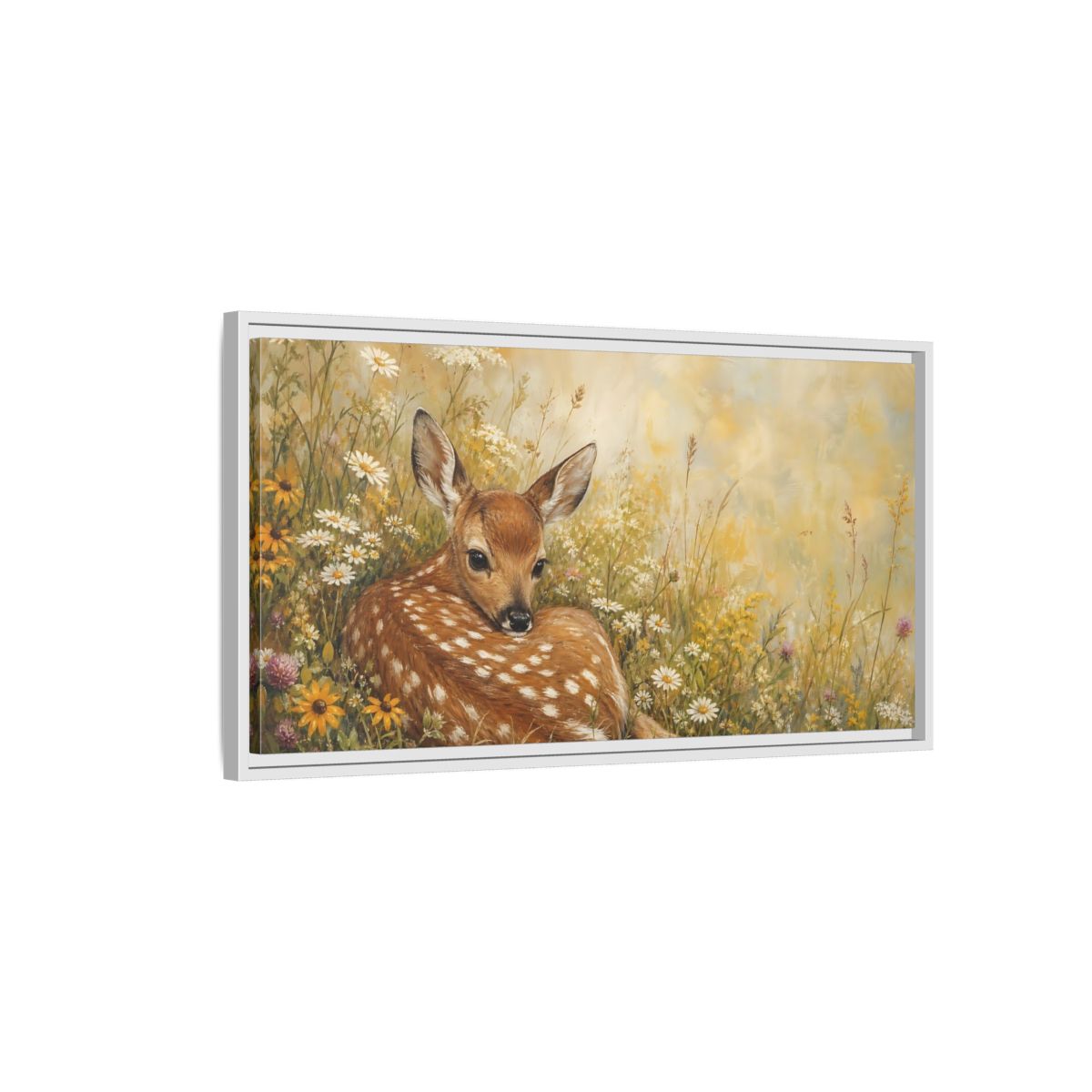 Side Mockup 1. Animals Fawn Brown And Yellow Fawn shown as stretched canvas wall art