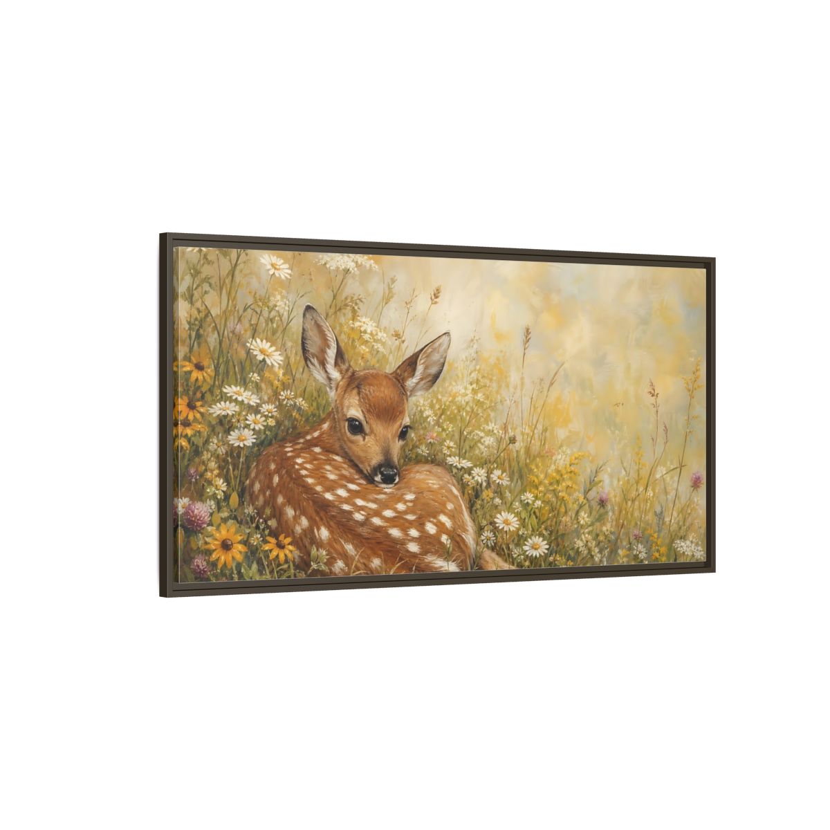 Side Mockup 4. Animals Fawn Brown And Yellow Fawn shown as stretched canvas wall art