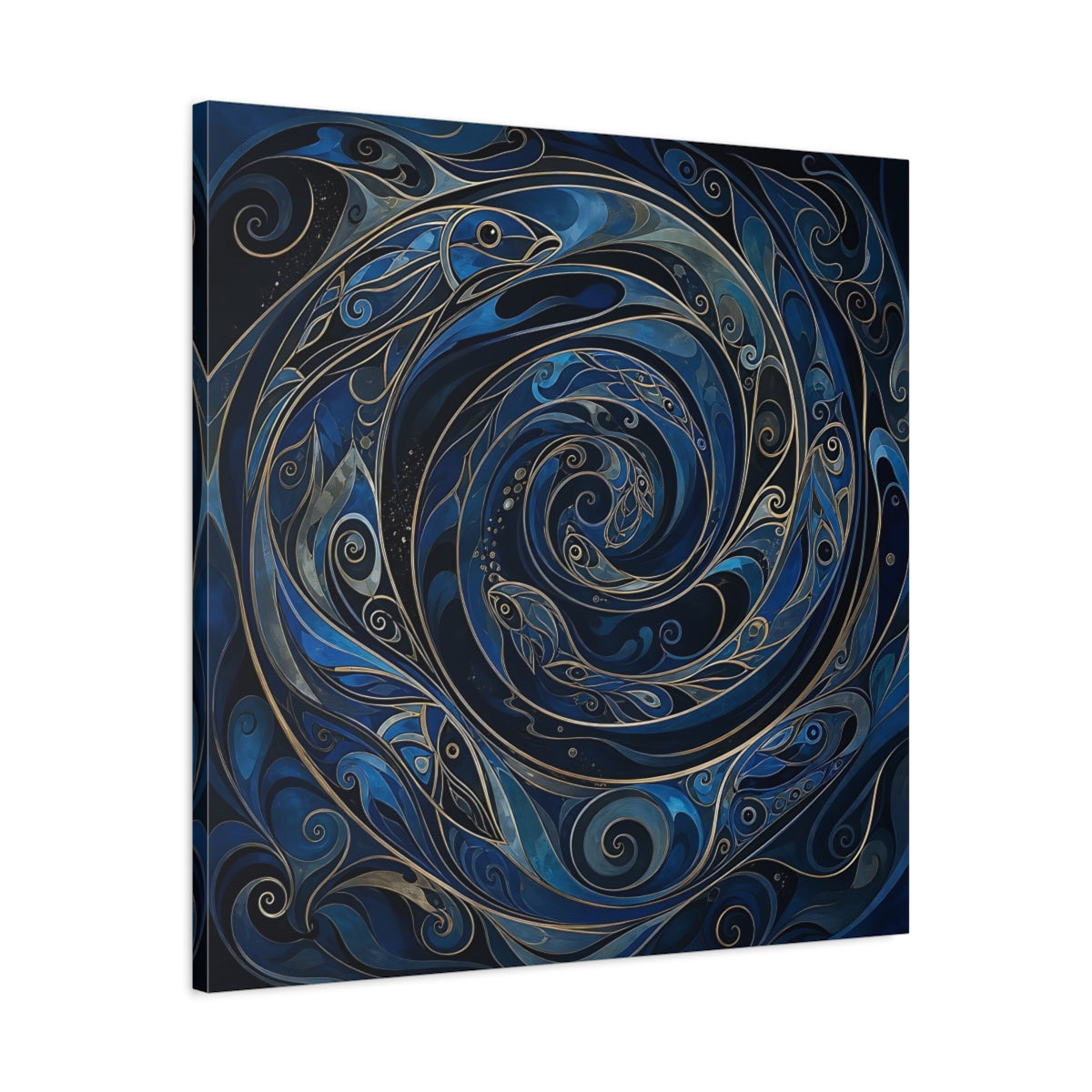 Side Mockup 3. Animals Fish Blue And Gold shown as stretched canvas wall art