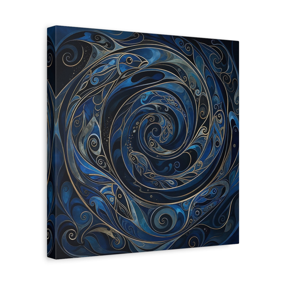Side Mockup 7. Animals Fish Blue And Gold shown as stretched canvas wall art