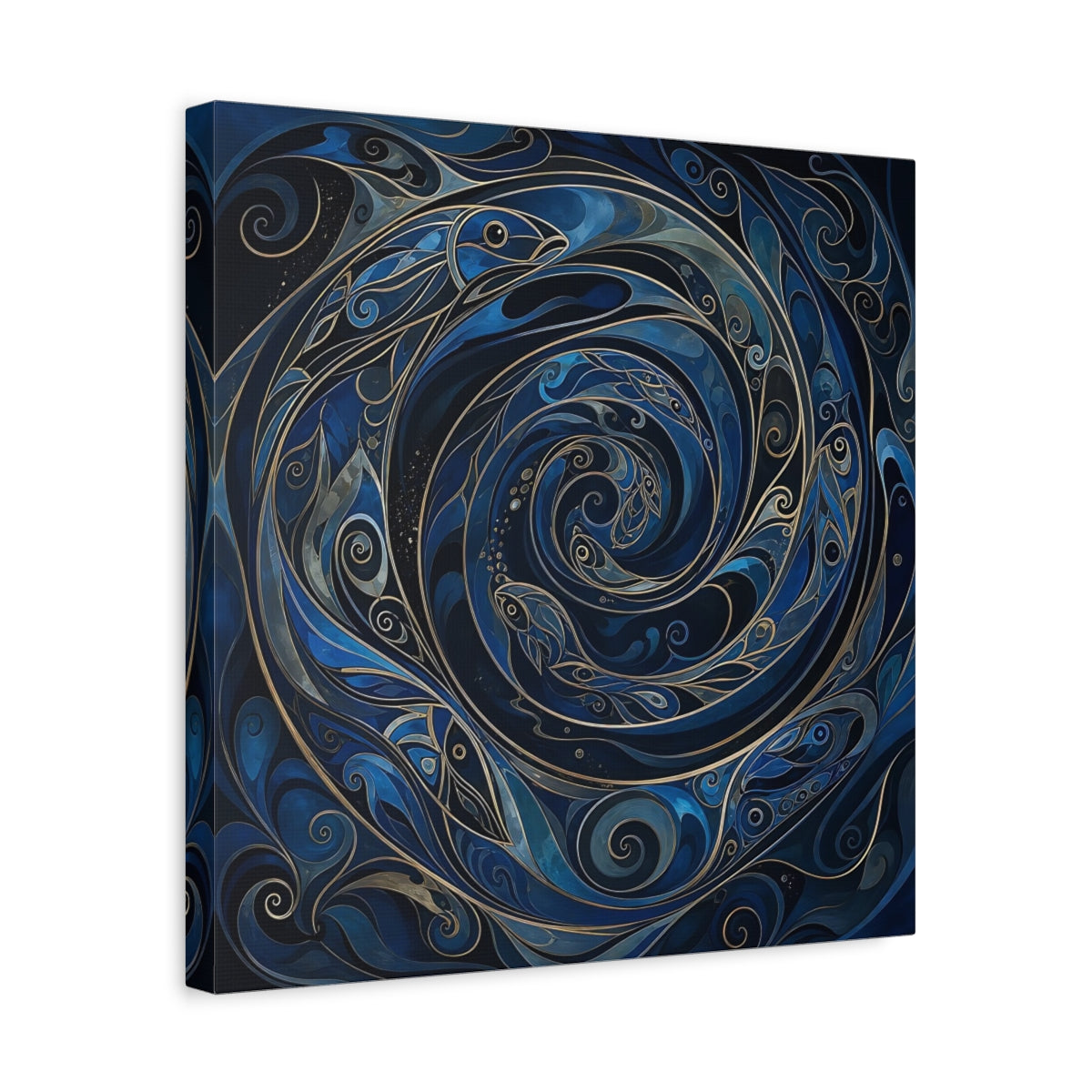 Side Mockup 6. Animals Fish Blue And Gold shown as stretched canvas wall art