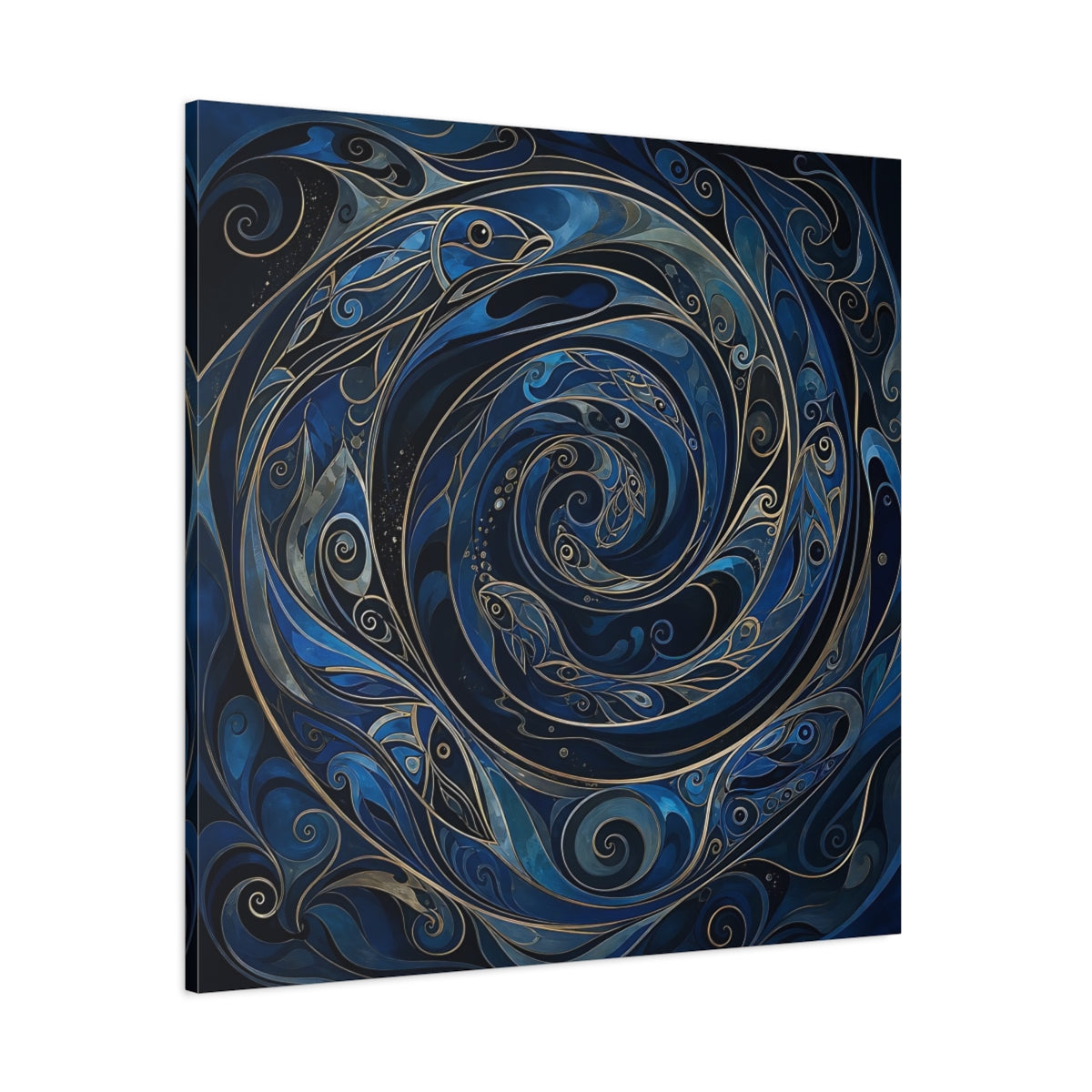 Side Mockup 1. Animals Fish Blue And Gold shown as stretched canvas wall art