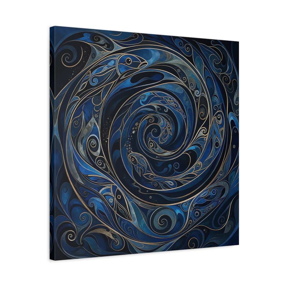 Side Mockup 4. Animals Fish Blue And Gold shown as stretched canvas wall art