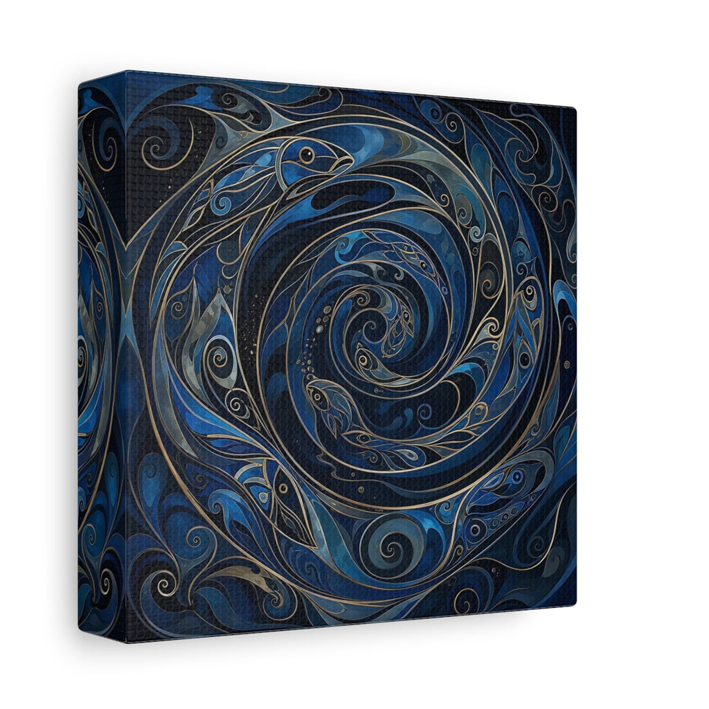 Side Mockup 2. Animals Fish Blue And Gold shown as stretched canvas wall art