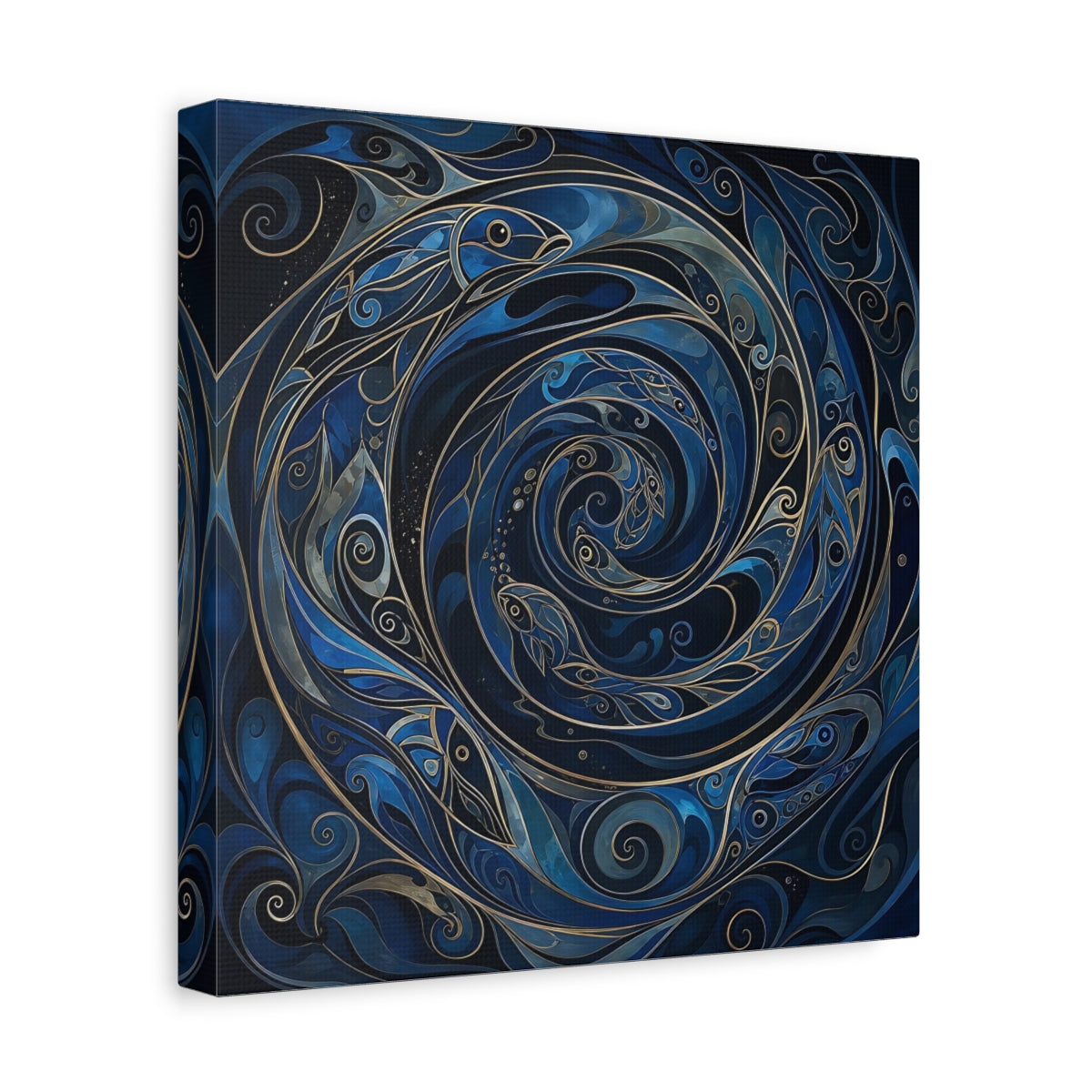 Side Mockup 8. Animals Fish Blue And Gold shown as stretched canvas wall art