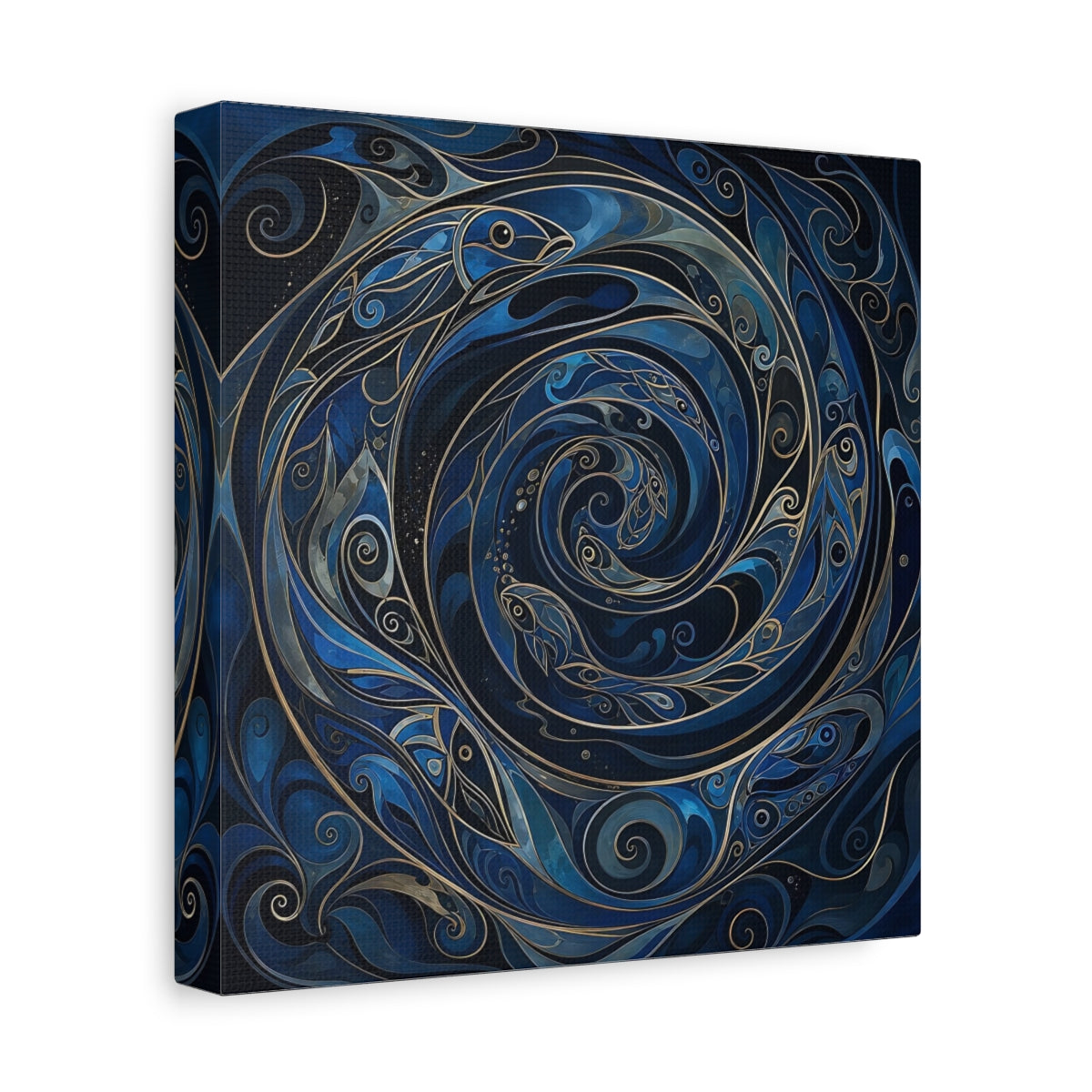 Side Mockup 9. Animals Fish Blue And Gold shown as stretched canvas wall art
