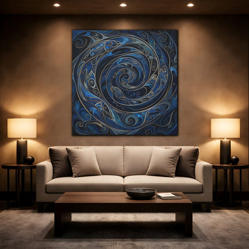 Mockup 2. Animals Fish Blue And Gold shown as stretched canvas wall art